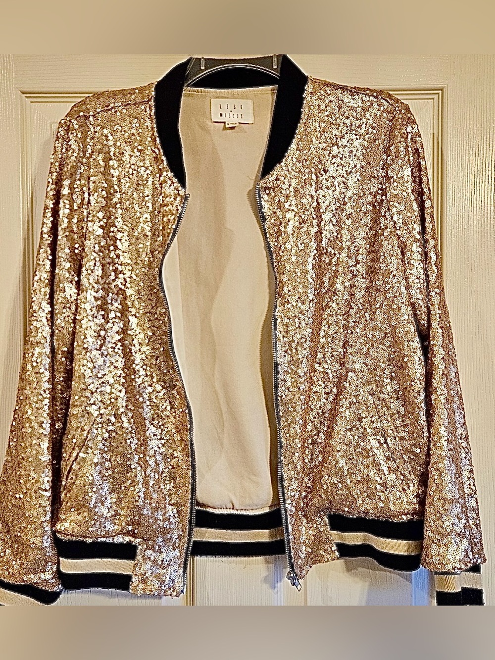 Lush Gold Sequin Bomber Jacket with Black Trim